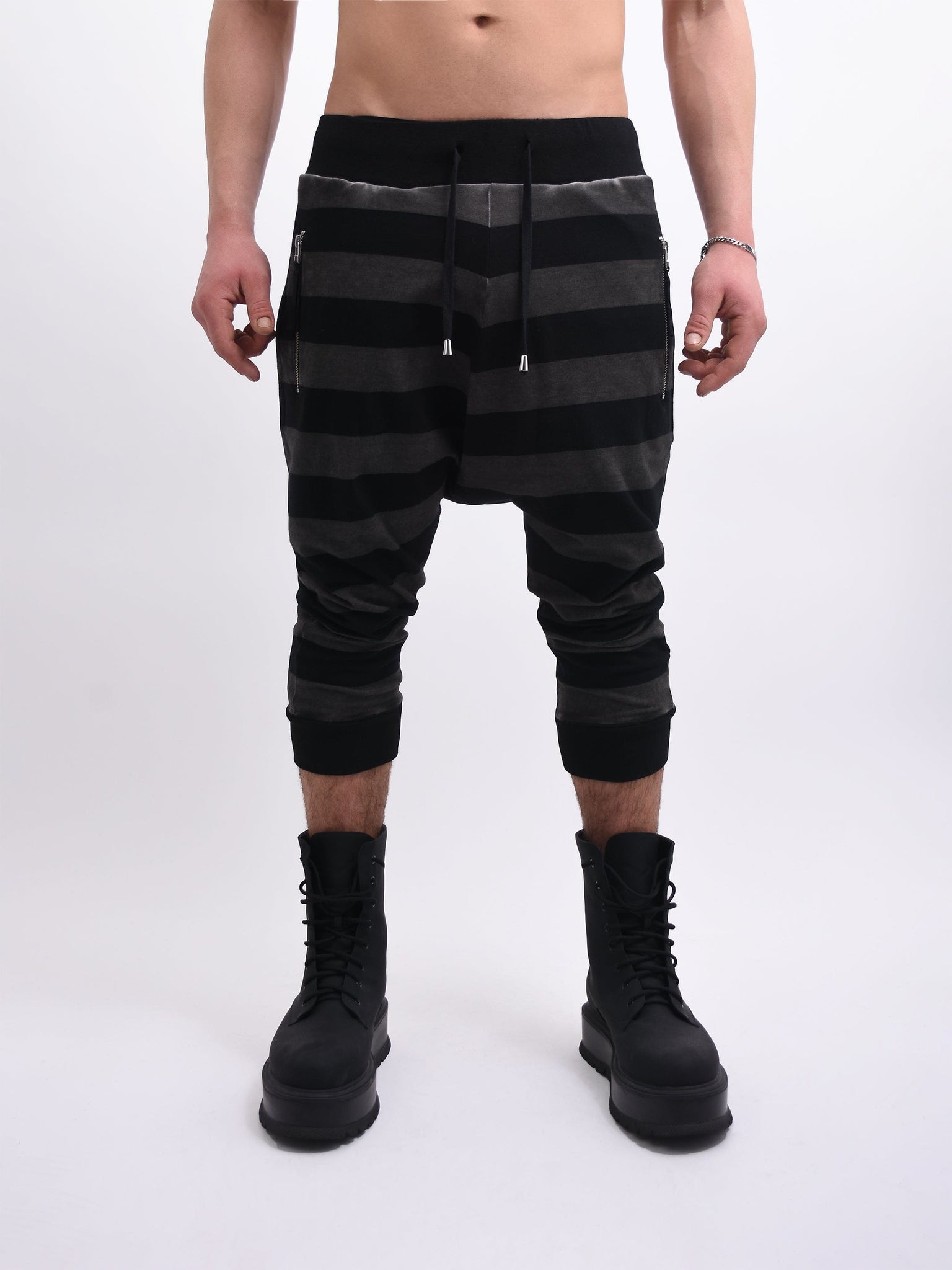 Black and Shadow Stripe Cropped Drop Crotch Joggers