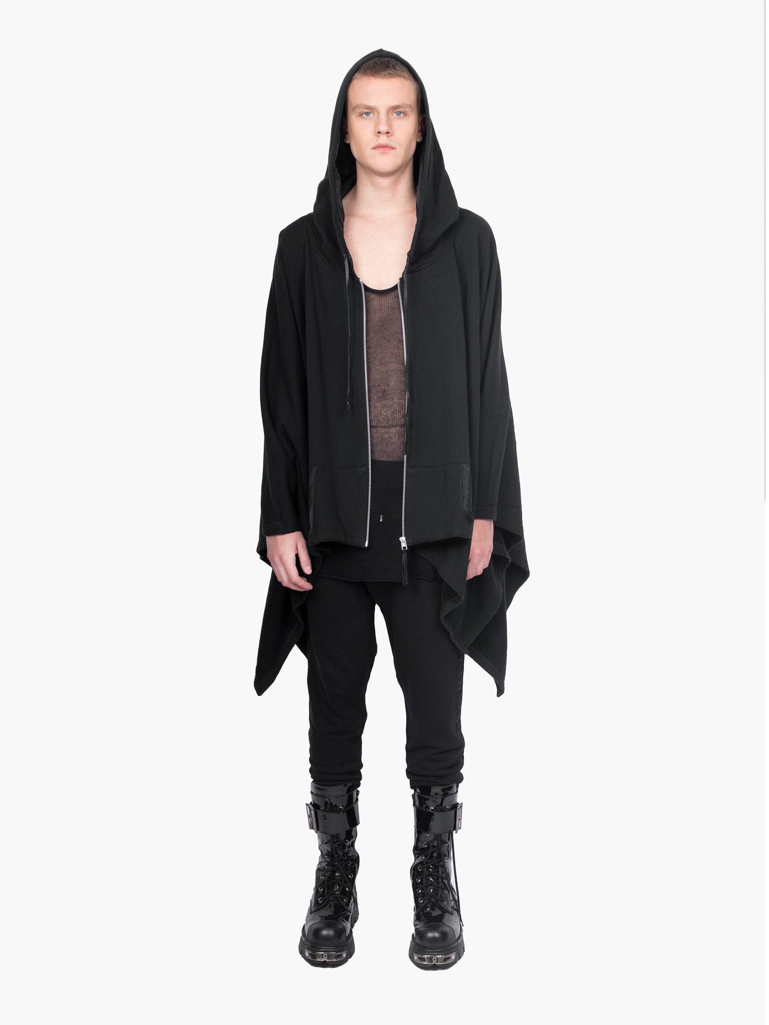 Black Hooded Poncho Sweatshirt with Silver Zip