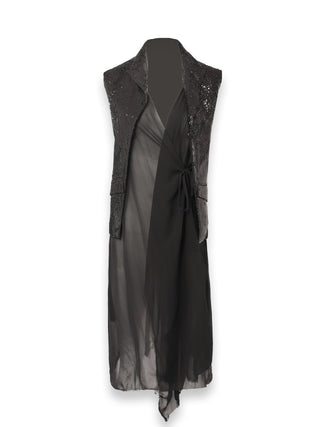 Black Tie Up Blazer with Sequin and Mesh Detail