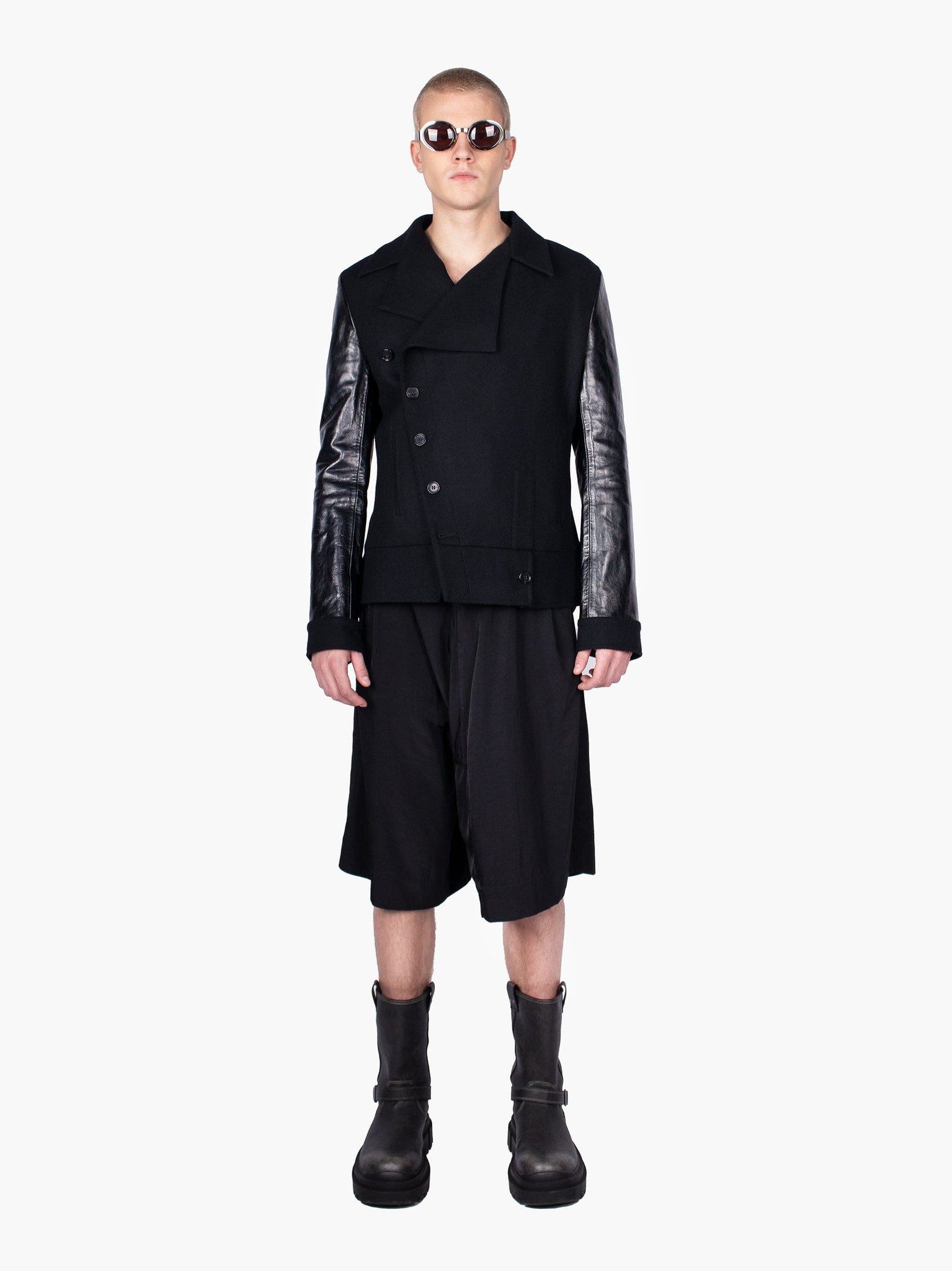 Black Wool Button Up Jacket With Leather Sleeves