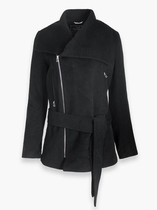 Black Woollen Coat With Assymetric Zip and Tie Up Detail