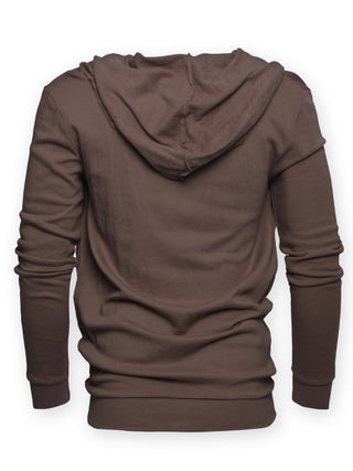 Brown Open V Cut Two Button Hooded Cardigan