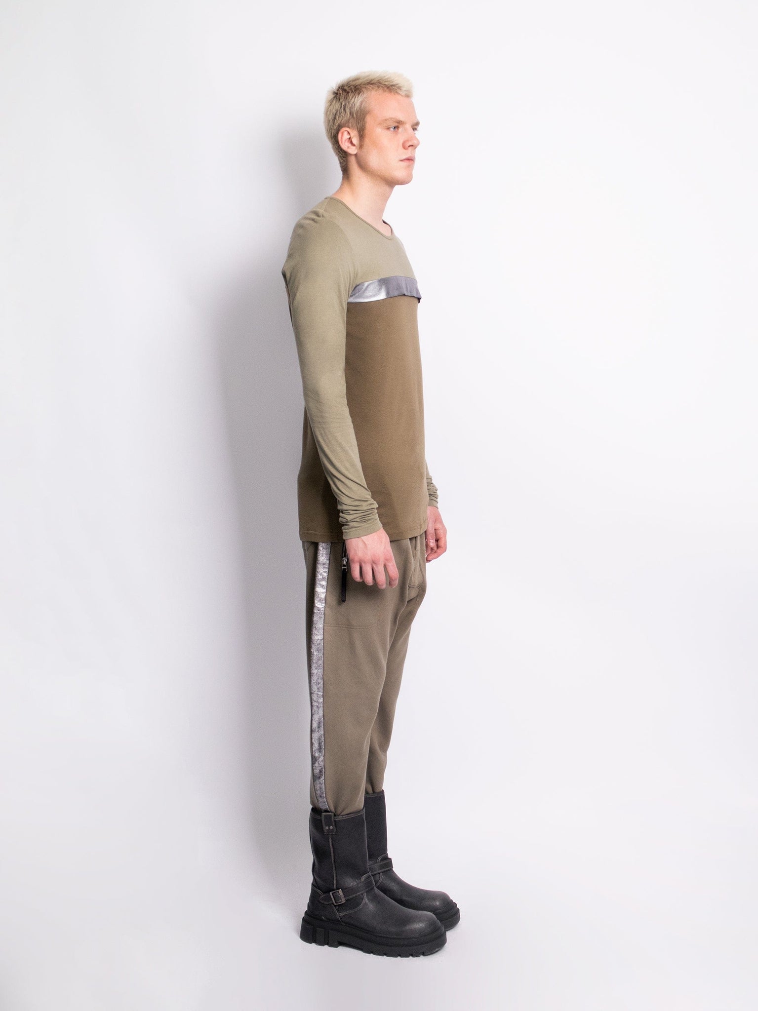 Khaki Green Jogger Trousers With Silver Foil Side Stripes