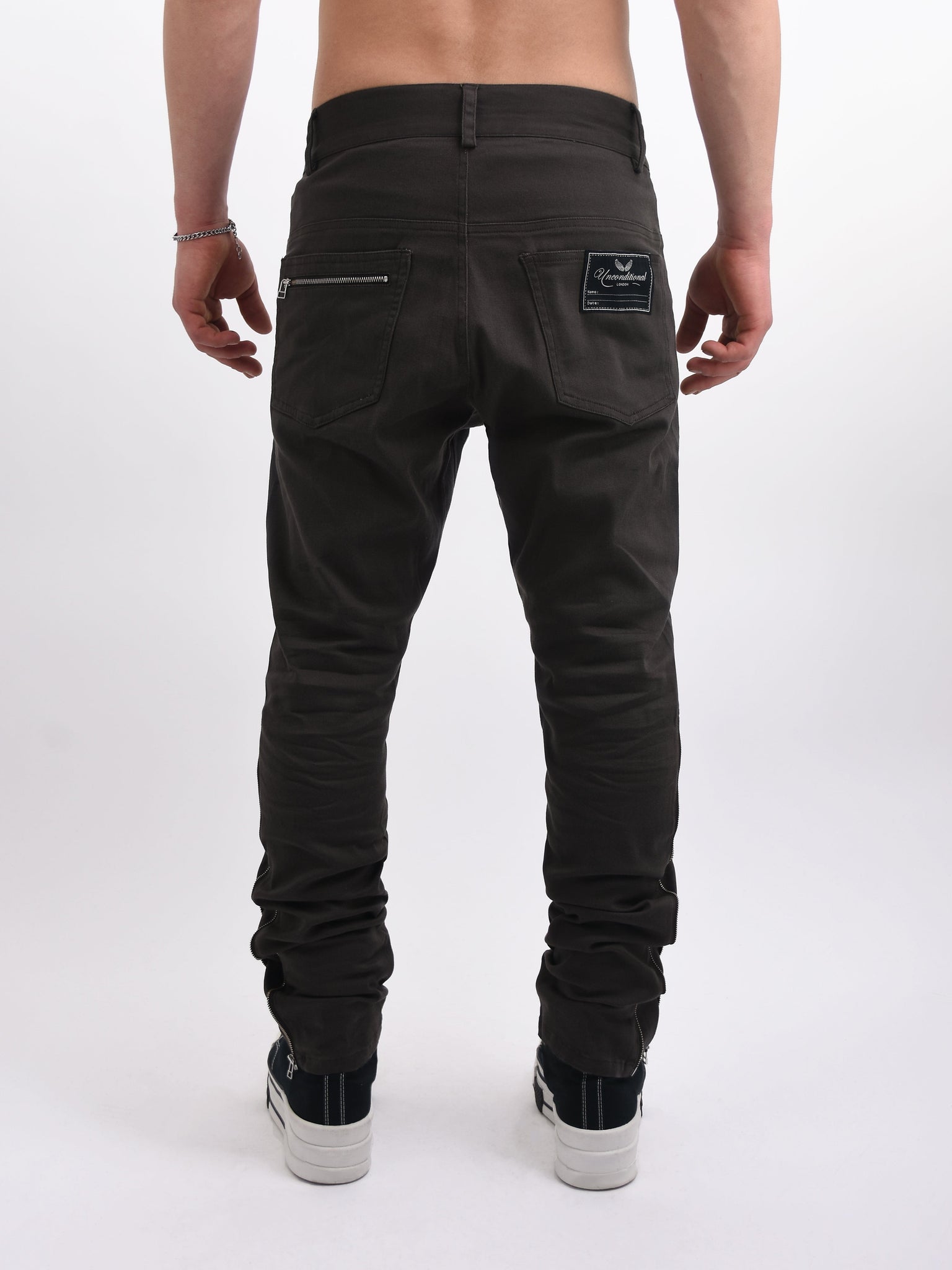 Khaki Grey Side Zips Jeans