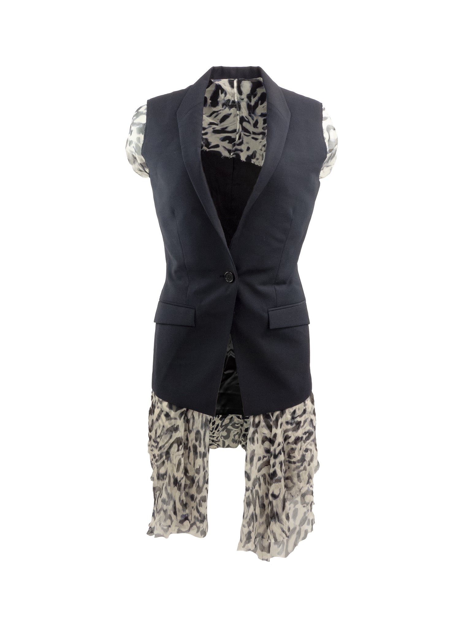 Midnight Blue Leopard Silk Sleeveless Blazer