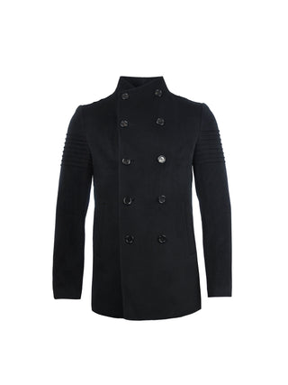 Ribbed Sleeve Wool Overcoat in Black