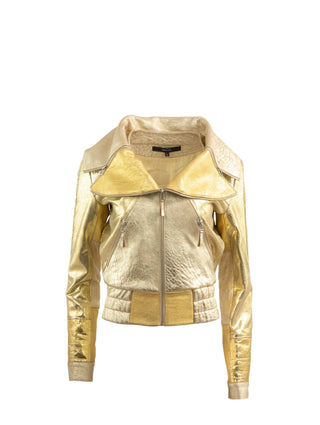 Signature Petal Collar Gold Leather Biker Jacket