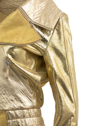 Signature Petal Collar Gold Leather Biker Jacket