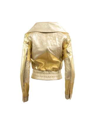 Signature Petal Collar Gold Leather Biker Jacket
