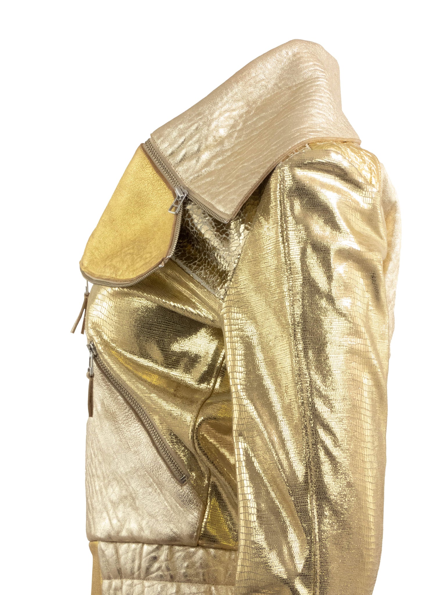 Signature Petal Collar Gold Leather Biker Jacket
