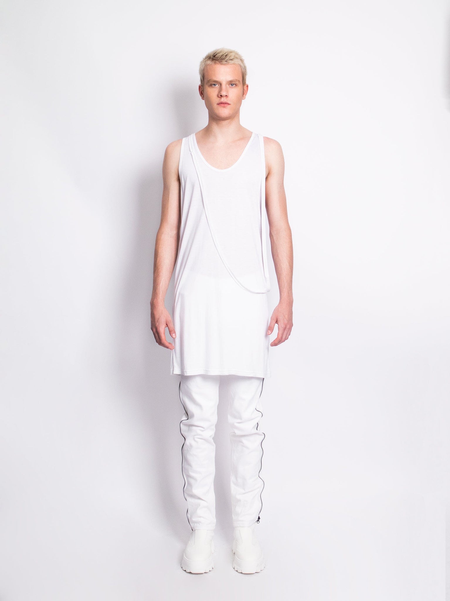 White Swoop Neck Longline Vest with Straps