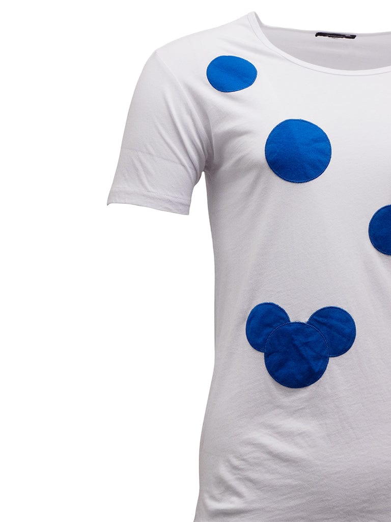 White T-Shirt with Blue Polka Dots