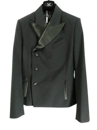 Black Double Breasted Silk Blazer with Olive Collar