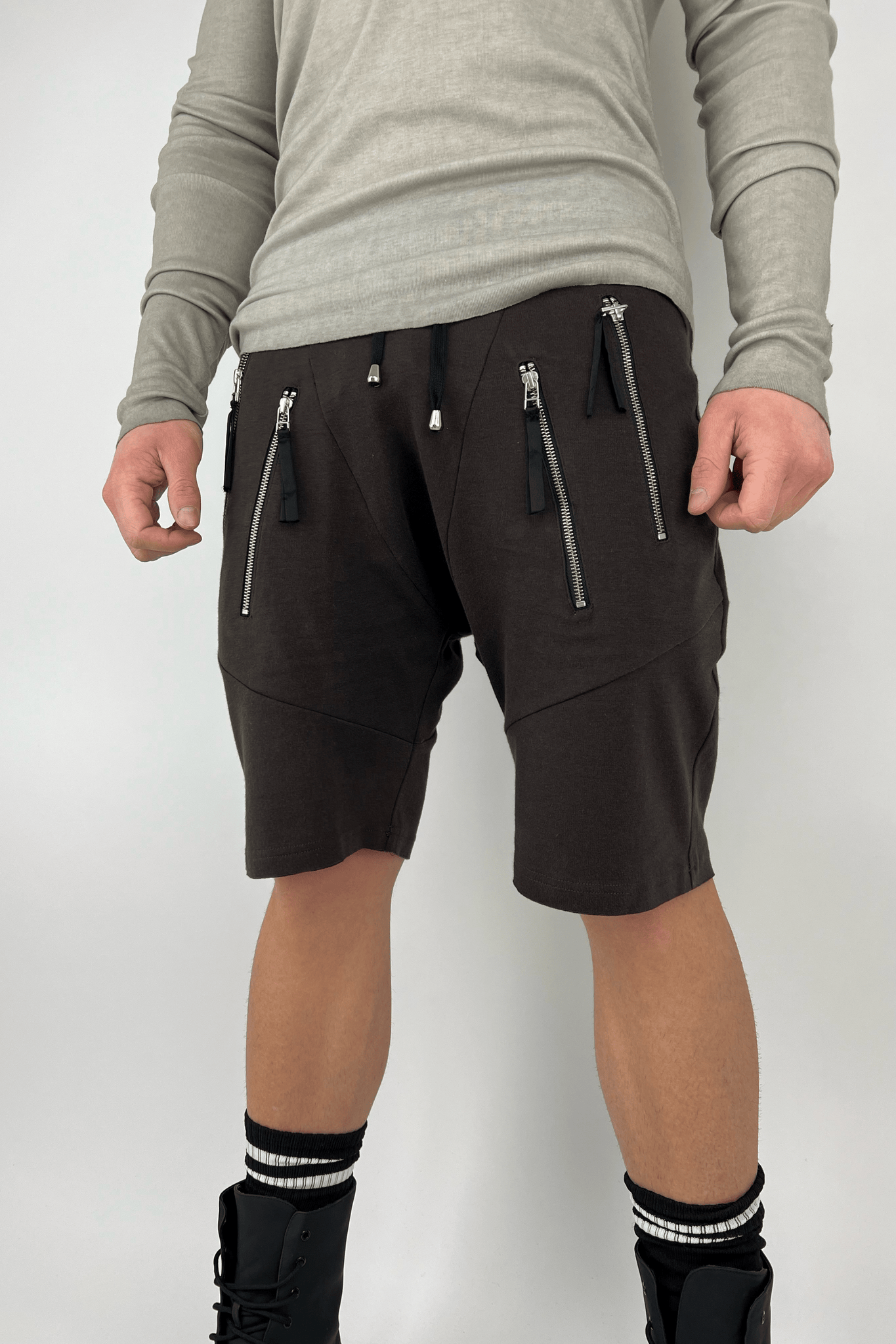 Brown Double Zip Jogger Shorts