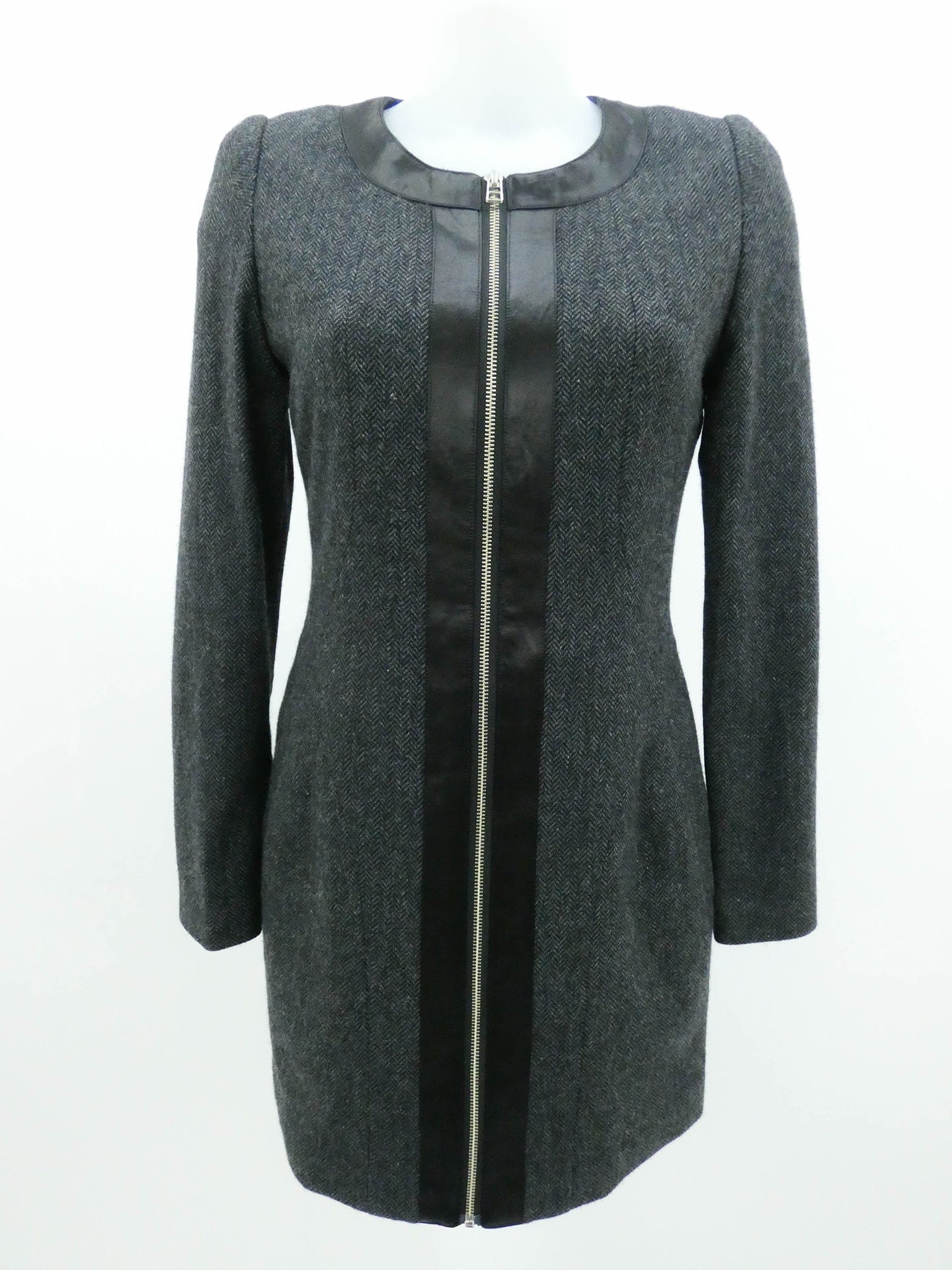 Charcoal Full Zip Wool Dress with Leather Detailing