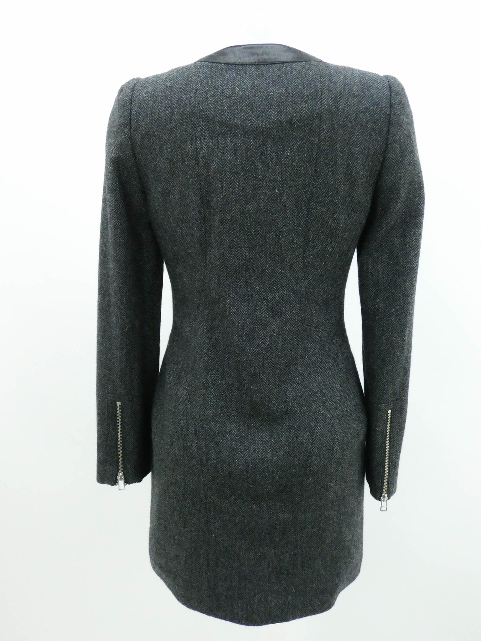 CHARCOAL FULL ZIP WOOL DRESS WITH LEATHER DETAILING