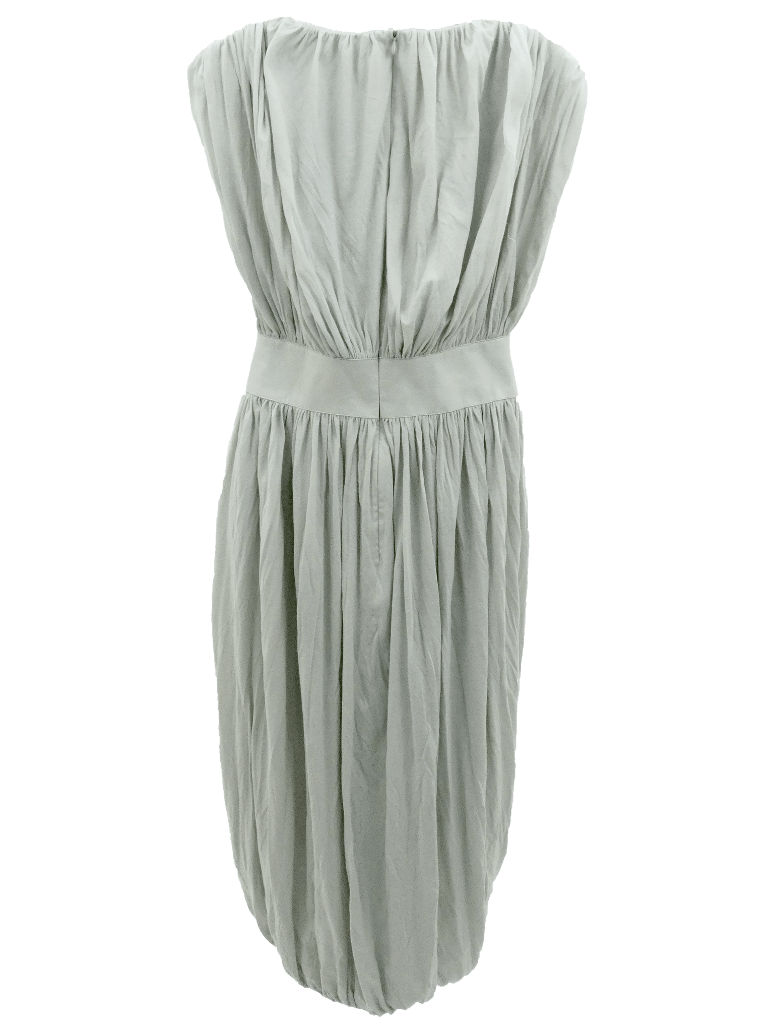 Deep Neck Ruched Dress with Leather Waistband in Greige
