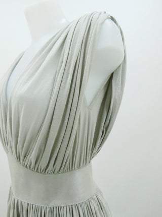 Deep Neck Ruched Dress with Leather Waistband in Greige