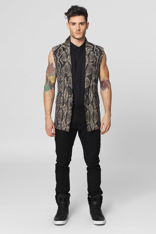 Sleeveless Woven Taupe On Black Snake 1 Button Jacket